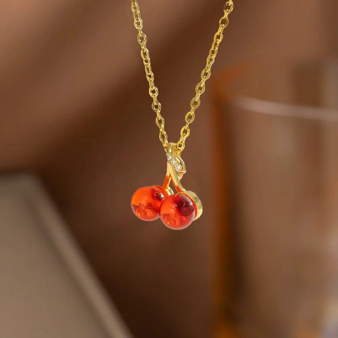 Fashion Stainless Steel Fruit Pendant Necklace With Copper Zirconia Cherry Strawberry Grape Durian Gold Plated Women Jewelry