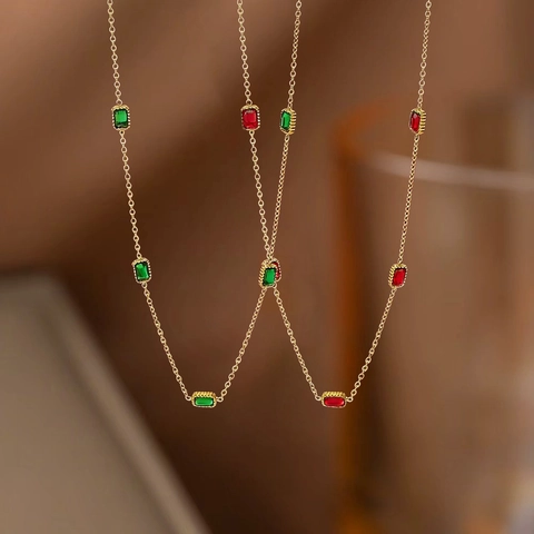 French Luxury Titanium Steel Zirconia Necklace Bracelet Jewelry Set Rectangle Cut Emerald Green Red Stone Station Chain