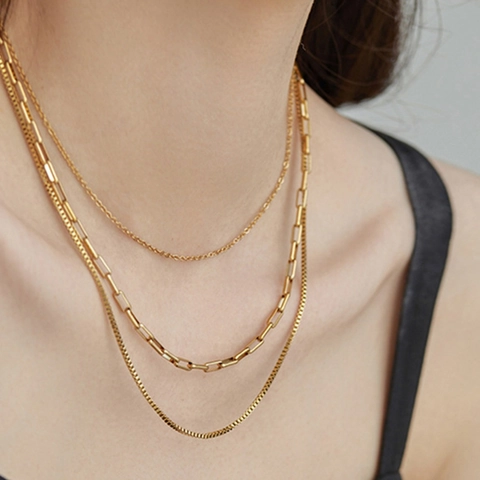 18K Gold Plated Titanium Steel Triple Layered Necklace Chic Box Paperclip Chain Layering Choker For Women Vintage Jewelry