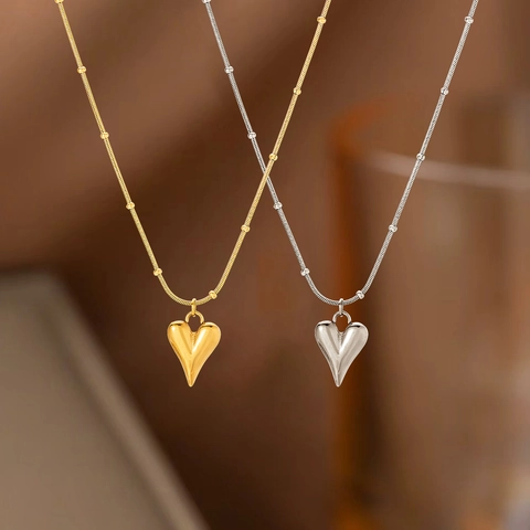 Stainless Steel 3D Puffy Heart Necklace Beaded Satellite Chain Gold Silver Heart Pendant Earrings For Women Minimalist Jewelry
