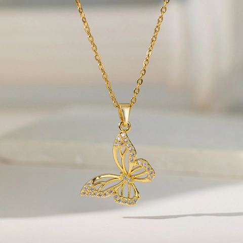 Gold Butterfly Pendant Necklace Titanium Steel Copper Micro Inlaid Zircon Hollow Jewelry For Women Elegant Clavicle Chain