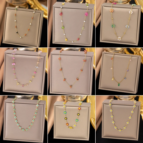 Titanium Steel Gold Plated Colorful Beaded Necklace For Women Bohemian Beach Summer Natural Stone Daisy Flower Heart Pendant Jewelry