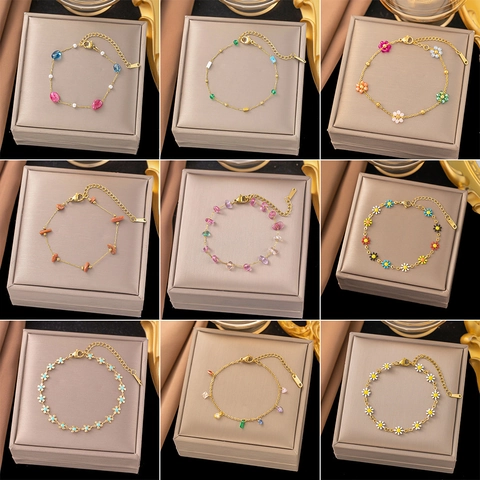 Stainless Steel Gold Plated Bracelet For Women Colorful Natural Stone Beaded Daisy Flower Heart Charm Adjustable Bracelet