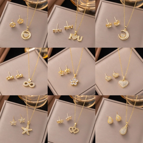 Fashion Gold Plated Copper Jewelry Set For Women Sparkling Zirconia Heart Moon Star Water Drop Necklace Earrings Set
