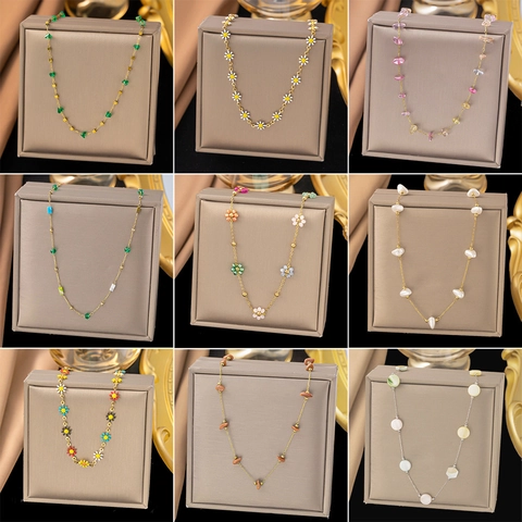 Titanium Steel Gold Plated Necklace And Bracelet Jewelry Set With Artificial Pearl Daisy Flower Natural Stone For Women Summer Accessories