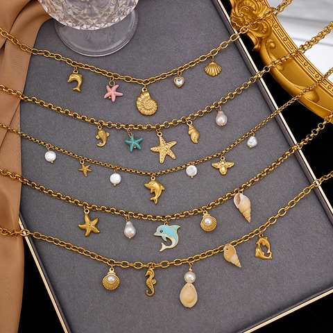 Stainless Steel Ocean Theme Jewelry Gold Plated Starfish Shell Dolphin Charm Necklace Bracelet For Women Beach Vacation Fashion