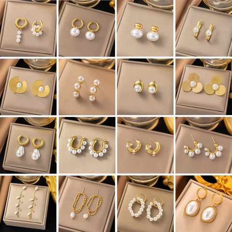 Vintage Artificial Pearl Earrings Gold Titanium Steel Geometric Drop Stud Earrings With Stainless Steel Earring Post Jewelry For Women