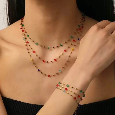 Stainless Steel Colorful Stone Necklace Bracelet Set Irregular Clavicle Chain Geometric Jewelry Set For Women Party Gift