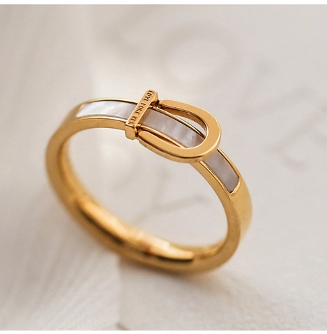 Vintage Titanium Steel Gold Rose Gold Belt Buckle Ring For Women With Mother Of Artificial Pearl Inlay Forever Love Engraved Ring