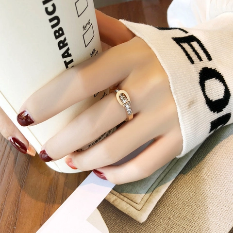 Creative Belt Buckle Titanium Steel Ring For Women Gold Rose Gold Plated Inlaid Zirconia Fashion Minimalist Finger Ring Jewelry