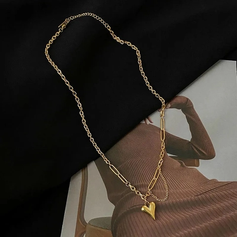Hip Hop Titanium Steel Heart Pendant Necklace For Women Gold Silver Plated Chunky Link Chain Asymmetrical Choker Jewelry Gift