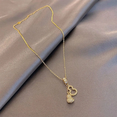 Titanium Steel Gold Plated Double Gourd Pendant Necklace Hollow Wulu Zirconia Inlaid Sweater Chain For Women Jewelry Gift