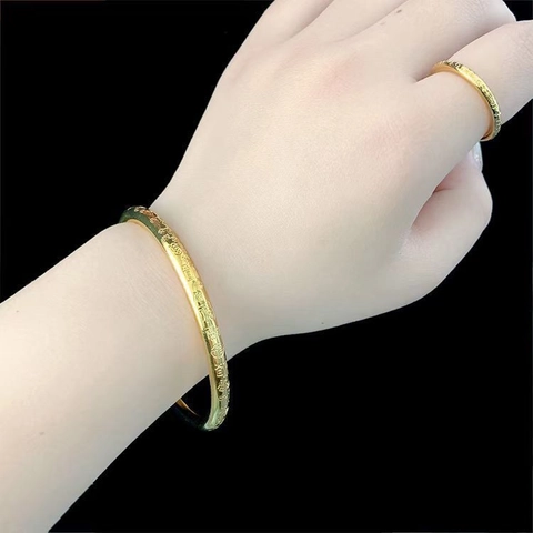 Vintage Chinese Style Stainless Steel Gold Plated Bangle And Ring With Engraved Fu Blessing Character Zen Jewelry Gift