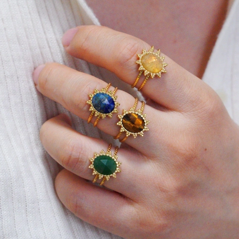 Anello Aperto in Acciaio Inossidabile Girasole Vintage Francese con Pietra Naturale Intarsiata Ovale Ametista Quarzo Gioielli Boho Donna