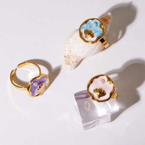 Anello Regolabile In Acciaio Inossidabile Stile Oceano Da Donna Placcato Oro Conchiglia Smalto Perla Artificial Gioielli Spiaggia Moda
