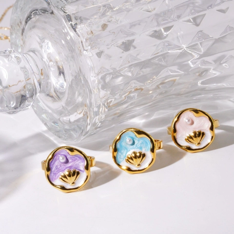 Anello Regolabile In Acciaio Inossidabile Stile Oceano Da Donna Placcato Oro Conchiglia Smalto Perla Artificial Gioielli Spiaggia Moda