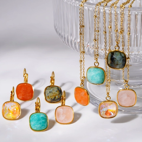 French Vintage Stainless Steel Square Natural Stone Pendant Necklace And Leverback Earrings Jewelry For Elegant Women