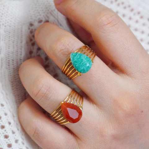 Vintage Stainless Steel Teardrop Natural Stone Open Ring For Women Adjustable Wide Multi Layer Band Boho Jewelry Gift