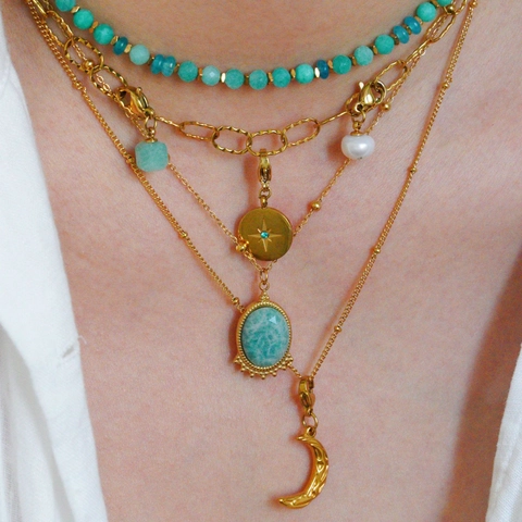 Collier Pendentif en Pierre Naturelle en Acier Inoxydable 304 Vintage pour Femme Bijoux Bohème Plaqué Or Ovale Oeil de Tigre Lapis-Lazuli