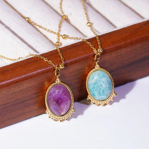 Collier Pendentif en Pierre Naturelle en Acier Inoxydable 304 Vintage pour Femme Bijoux Bohème Plaqué Or Ovale Oeil de Tigre Lapis-Lazuli