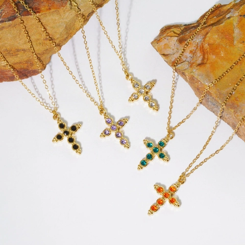 Vintage 304 Stainless Steel Gold Plated Cross Pendant Necklace With Colorful Zirconia Inlaid Adjustable Chain Women Men Jewelry