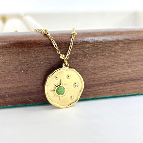14K Gold Plated Stainless Steel Natural Stone Sunburst Pendant Necklace Vintage African Jade Round Coin Chain For Women Jewelry