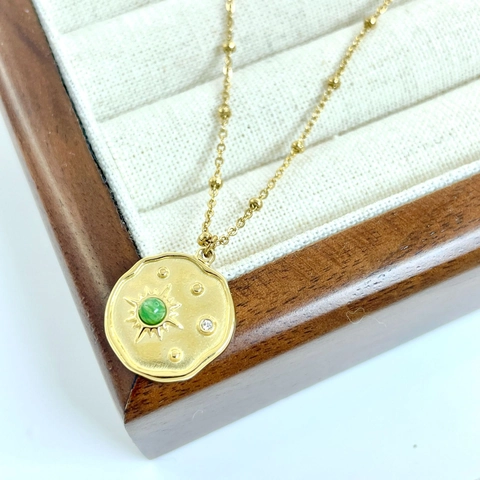 14K Gold Plated Stainless Steel Natural Stone Sunburst Pendant Necklace Vintage African Jade Round Coin Chain For Women Jewelry