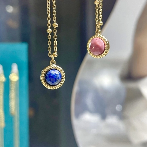 Vintage 14K Gold Plated Stainless Steel Natural Stone Pendant Necklace Round Faceted Gemstone Satellite Chain For Women Jewelry