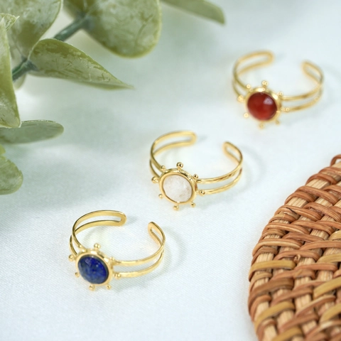 Bohemian Stainless Steel Open Ring For Women Vintage Sun Pattern Lapis Lazuli Red Agate Natural Stone Adjustable Jewelry Gift