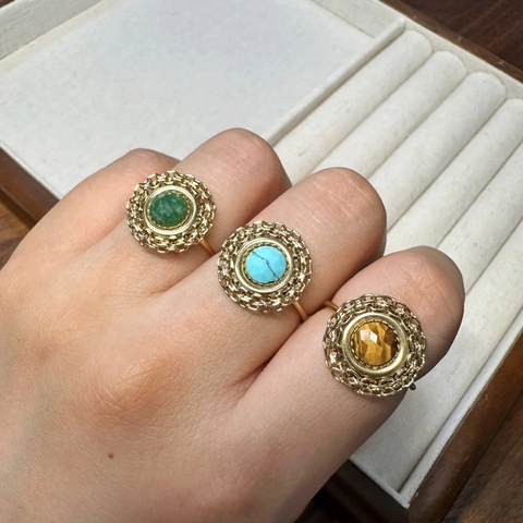 Bohemian Vintage Gold Plated Stainless Steel Open Ring Natural Inlaid Tiger Eye Turquoise African Jade Filigree Adjustable Rings Jewelry