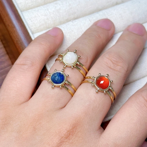 Bohemian Stainless Steel Open Ring For Women Vintage Sun Pattern Lapis Lazuli Red Agate Natural Stone Adjustable Jewelry Gift