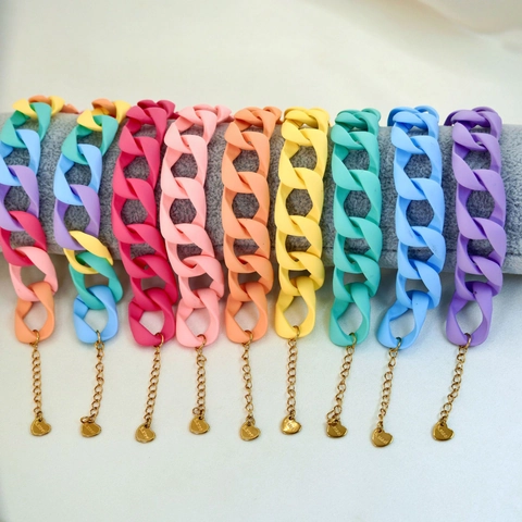 Fashion Colorful Acrylic Stainless Steel Chunky Chain Bracelet Matte Resin Heart Pendant Adjustable Bracelet Women Jewelry