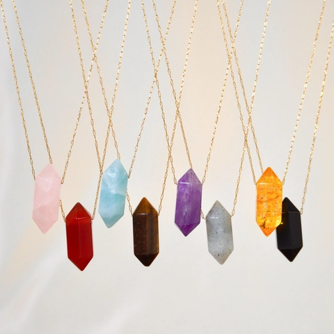 Collier Pendentif Pierre Naturelle Acier Inoxydable Minimaliste Pilier Hexagonal Améthyste Quartz Rose Cristal Bijoux Pour Femmes