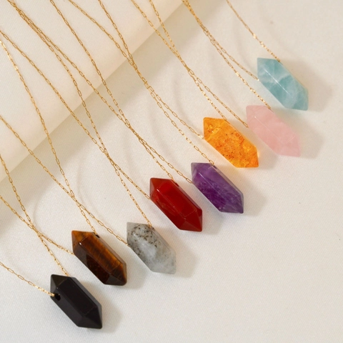 Collier Pendentif Pierre Naturelle Acier Inoxydable Minimaliste Pilier Hexagonal Améthyste Quartz Rose Cristal Bijoux Pour Femmes