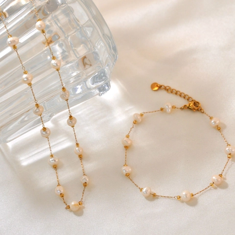 Minimalist Gold Stainless Steel Artificial Pearl Necklace Bracelet Anklet Sweet Elegant French Style Gypsophila Jewelry For Women Gift