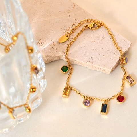Französischer Leichter Luxus Edelstahl 14K Gold Vergoldet Mehrfarbige Strass Quaste Halskette Armband Schmuckset Für Damen