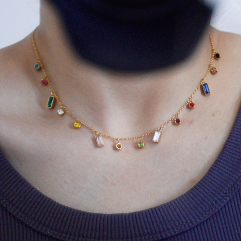Französischer Leichter Luxus Edelstahl 14K Gold Vergoldet Mehrfarbige Strass Quaste Halskette Armband Schmuckset Für Damen