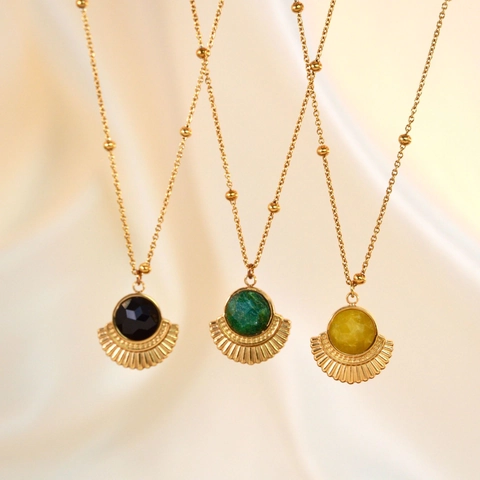 Boho 14K Vergoldete Edelstahl Naturstein Fächer Anhänger Halskette Vintage Geometrischer Schmuck Für Damen Geschenk