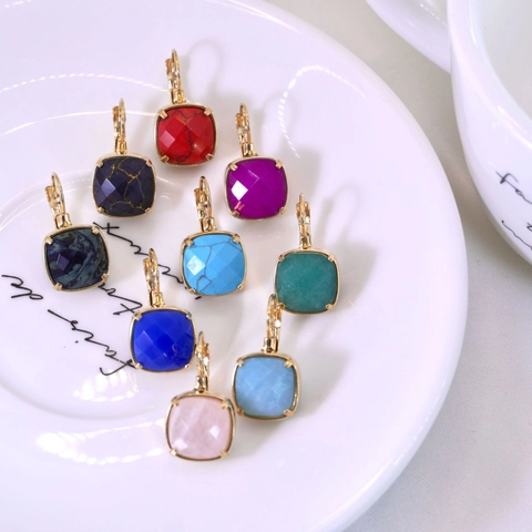 Boucles d'Oreilles Dormeuses en Acier Inoxydable Plaqué Or 14K Pierre Naturelle Facettée Carrée pour Femme Bijoux de Pierres Précieuses Colorées