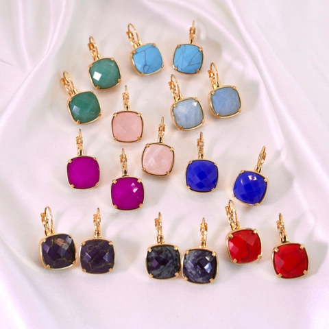 Boucles d'Oreilles Dormeuses en Acier Inoxydable Plaqué Or 14K Pierre Naturelle Facettée Carrée pour Femme Bijoux de Pierres Précieuses Colorées