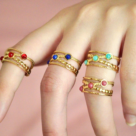 Vintage Stainless Steel Open Ring Natural Lapis Lazuli Amazonite Red Agate Gold Plated Geometric Adjustable Finger Ring For Women