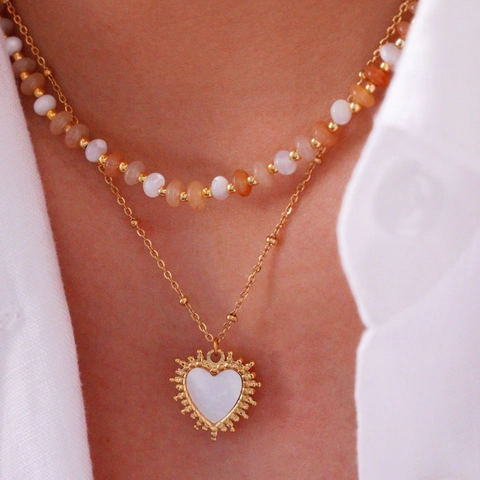 Französische Vintage 14K Vergoldete Edelstahl Herz Perlmutt Schmuckset Halskette Ohrringe Für Damen Romantischer Luxusschmuck