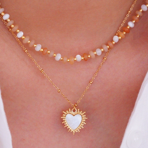Französische Vintage 14K Vergoldete Edelstahl Herz Perlmutt Schmuckset Halskette Ohrringe Für Damen Romantischer Luxusschmuck