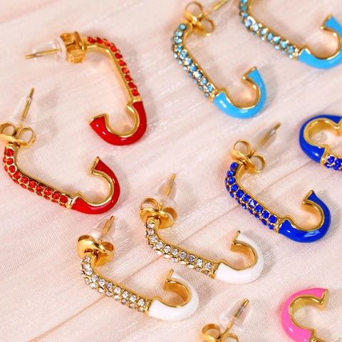 Luxury 14K Gold Plated Stainless Steel Safety Pin Earrings With Zirconia Colorful Enamel Minimalist Jewelry For Women