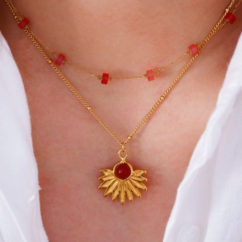 Boho Sonnenblume Naturstein Anhänger Halskette Legierung Gold Beschichtet Amethyst Roter Achat Tigerauge Damen Schmuck