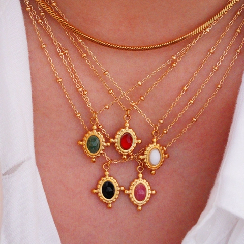 Vintage Gold Plated Stainless Steel Natural Stone Necklace Earring Court Style Oval Red Agate Black Onyx Elegant Jewelry Women Accessories