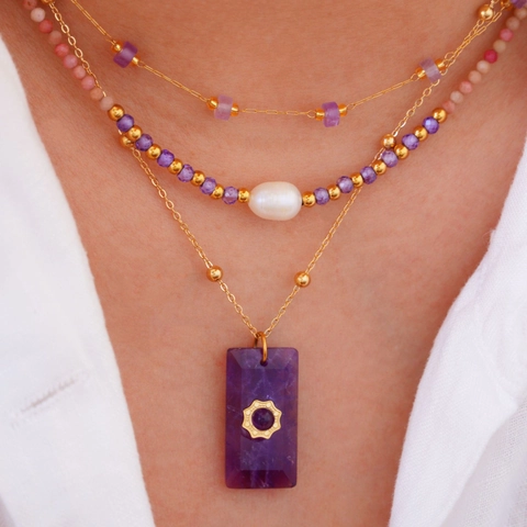 Collier Pendentif Pierre Naturelle Vintage Acier Titane Plaqué Or Rayon de Soleil Géométrique Carré pour Femme