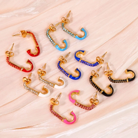 Luxury 14K Gold Plated Stainless Steel Safety Pin Earrings With Zirconia Colorful Enamel Minimalist Jewelry For Women