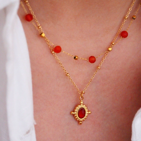 Vintage Gold Plated Stainless Steel Natural Stone Necklace Earring Court Style Oval Red Agate Black Onyx Elegant Jewelry Women Accessories