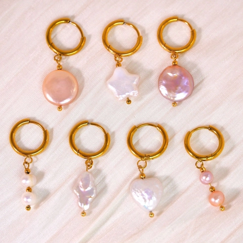 Boucles d'Oreilles Créoles en Acier Inoxydable Fait Main Pierres Naturelles Perle Baroque Coquille Plaqué Or 14K